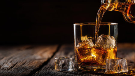 A elegant glass filled with ice cubes receives a pour of amber whiskey, resting on a rustic wooden table. The rich colors and textures create a cozy atmosphere.の素材