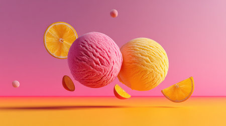 Delight in the vibrant colors of scoops of ice cream alongside fresh citrus slices. Perfect for summer cravings, this image captures sweetness and indulgence.の素材
