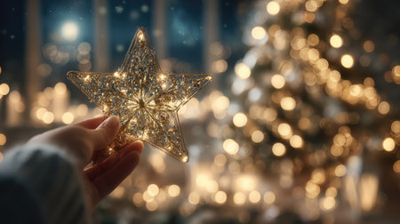 A warm hand holds a shimmering star ornament, surrounding a blurred backdrop of soft, glowing Christmas lights. This captures the enchanting spirit of the season.の素材