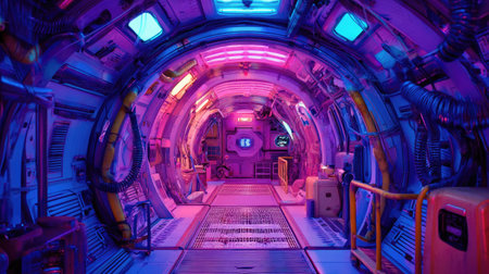 Explore a vibrant sci-fi corridor illuminated by colorful neon lights, showcasing intricate details of a futuristic industrial design, ideal for creative projects.の素材