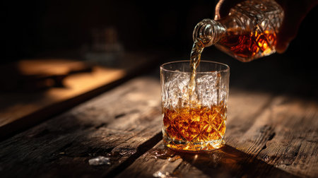 A close-up image capturing the elegant pouring of whiskey over ice in a dimly lit setting. The warm tones and texture create a cozy atmosphere perfect for relaxation.の素材