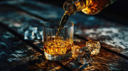 Delight in the rich amber hues of whiskey being poured into a glass over ice. This image captures the essence of relaxation and sophistication on a rustic wooden table.の素材