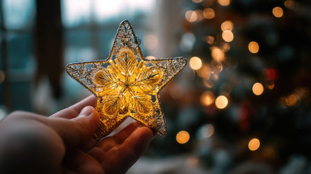 A person holds a star ornament glowing warmly, capturing the festive spirit of the holiday season. The blurred Christmas tree lights create a magical ambiance.の素材