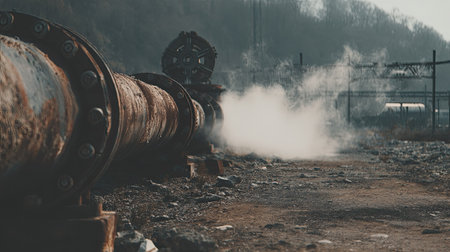 A close-up view of rusty industrial pipes releasing steam in an urban setting. The scene captures the essence of decay and industrialization, showcasing the impact of machinery on the environment.の素材