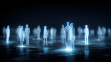 This abstract representation features glowing silhouettes of human figures in a digital landscape, suggesting themes of connection, technology, and anonymity.の素材