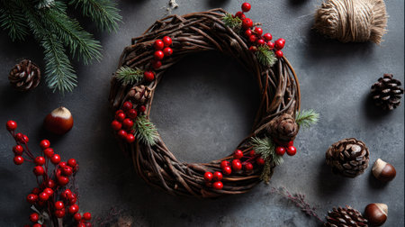 A rustic Christmas wreath adorned with red berries and pine cones, set against a dark stone background. Perfect for winter decoration and holiday themes.の素材