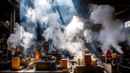 A captivating industrial scene showcasing beams of sunlight filtering through steam and smoke in a workshop. The atmosphere reflects creativity and hard work in metal production.の素材