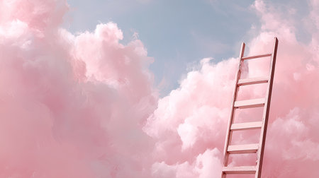 A captivating scene featuring a wooden ladder extending into dreamy pink clouds against a serene sky. This artwork evokes feelings of hope, imagination, and freedom.の素材