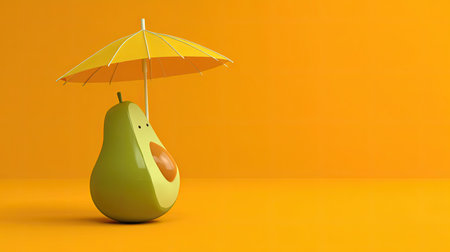 Adorable 3D avocado character stands tall under a yellow umbrella against a vivid orange backdrop, evoking a sense of fun and freshness perfect for creative projects.の素材