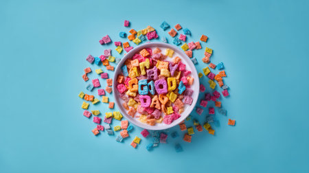Bright and fun breakfast cereal in a bowl, surrounded by colorful fruity pieces on a blue background, perfect for a joyful morning treat or snack.の素材