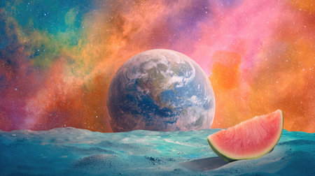 Surreal artwork featuring a watermelon slice on a calm ocean, set against a vibrant cosmic background with Earth visible. A perfect blend of nature and imagination.の素材