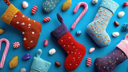 A vibrant arrangement of colorful Christmas stockings surrounded by assorted sweets and candies. Ideal for holiday decoration and festive themes.の素材
