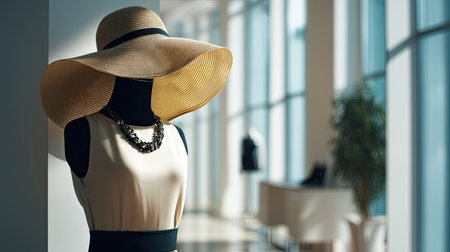 A stylish mannequin showcases a beautiful dress adorned with an oversized sun hat and elegant jewelry, set in a bright and modern retail space.の素材