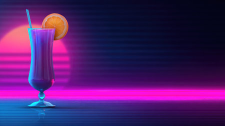 A stunning neon cocktail featuring a glossy glass with an orange slice and a straw, set against a vibrant background that exudes a lively nightlife ambiance.の素材