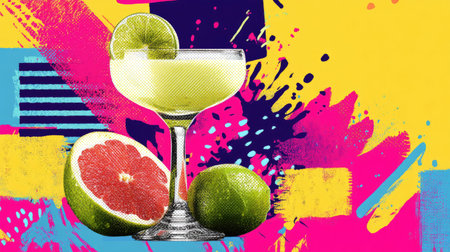 A vibrant cocktail garnished with lime and grapefruit sits on a colorful backdrop, perfect for summer events and artistic menus. Enjoy a refreshing drink!の素材