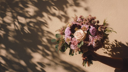 A stunning vintage bouquet featuring soft pink and purple roses, set against a textured wall. The beautiful floral arrangement radiates charm and elegance.の素材