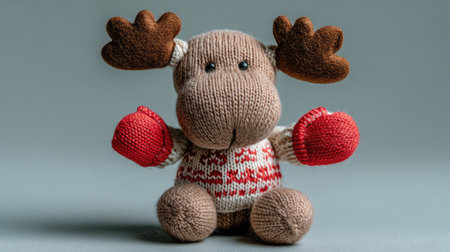 This charming knitted reindeer toy features red mittens and playful antlers. Perfect for holiday decor, children's gifts, or cozy winter themes.の素材