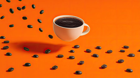 A striking image of a floating white coffee cup surrounded by scattered coffee beans on an orange background. Perfect for food and beverage themes.の素材