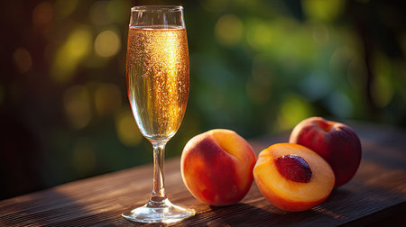 A glass of sparkling drink sits elegantly beside fresh peaches on a rustic wooden table, capturing the essence of a vibrant summer day in nature.の素材