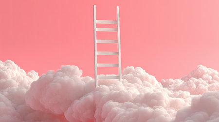 A stunning visual of a white ladder emerging from fluffy clouds against a soft pink background, evoking themes of aspiration and dreams in a whimsical, surreal atmosphere.の素材