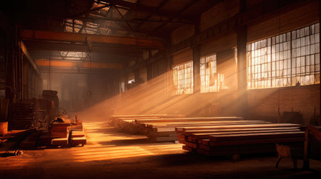 Soft beams of sunlight illuminate an industrial wood warehouse, creating an atmospheric scene filled with warmth and tranquility. The rustic wooden planks rest peacefully on the floor, inviting reflection.の素材