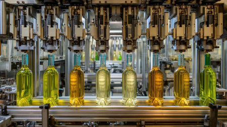 A modern production line showcases automated bottling technology, highlighting the efficiency and precision in handling various liquids within an industrial environment.の素材
