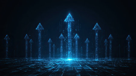This captivating digital artwork features vibrant neon arrows pointing upward against a dark background, symbolizing growth and progress in technology and data.の素材