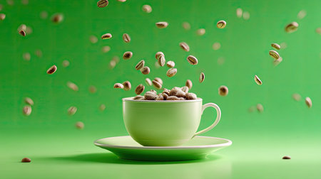 A vibrant image featuring a cup of coffee surrounded by flying beans against a bright green background. Ideal for showcasing freshness and energy in food photography.の素材