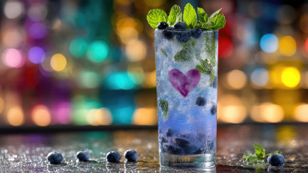 A vibrant blueberry mojito cocktail garnished with mint leaves, featuring a heart design on the ice. Perfect for summer parties or celebrations, this refreshing drink captivates with its colorful presentation.の素材