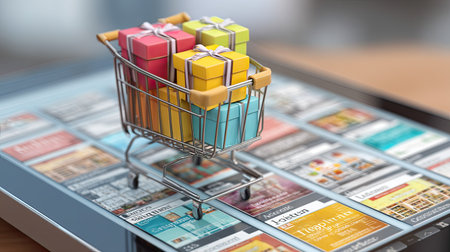A vibrant scene featuring colorful gift boxes in a shopping cart placed on a digital tablet screen, representing modern online shopping and consumer trends. Ideal for e-commerce themes.の素材