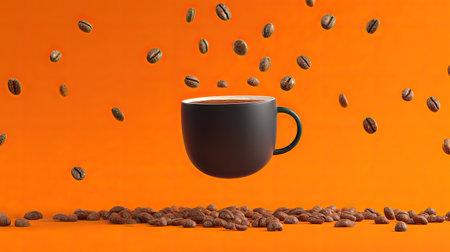 Experience the warmth of coffee culture with a black cup surrounded by falling coffee beans. The vibrant orange background emphasizes freshness and energy.の素材
