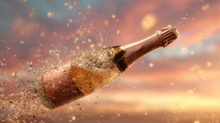A vibrant image of a sparkling champagne bottle erupting with bubbles against a colorful sunset backdrop, symbolizing joy and celebration at special moments.の素材