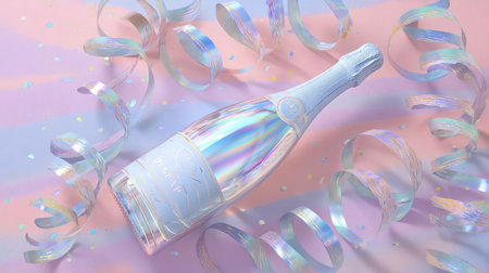 A stunning champagne bottle adorned with iridescent colors rests among vibrant streamers, perfect for celebrating special moments and festive occasions.の素材
