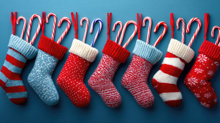 Festive and colorful Christmas stockings filled with candy canes rest on a vibrant blue background, representing joy and warmth of the holiday season.の素材