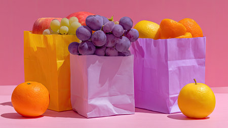 A vibrant display of colorful paper bags filled with fresh fruits including apples, grapes, and oranges. Bright and cheerful, this image showcases healthy snacking options.の素材