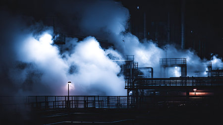 A captivating industrial nightscape showcasing steam and smoke rising amidst dramatic lighting. The scene captures the essence of modern manufacturing and energy production.の素材