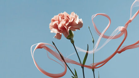A stunning pink carnation flower elegantly stands against a clear sky, enhanced by delicate flowing ribbons. This image captures beauty and serenity in nature.の素材