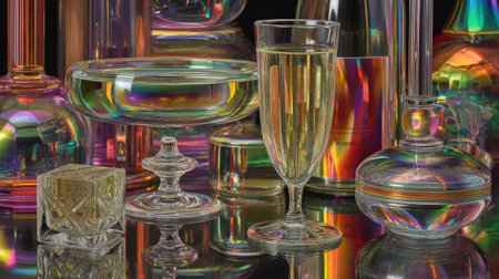 A captivating arrangement of colorful glassware reflecting light, featuring various shapes and textures. Ideal for celebrating elegance and style in decorative settings.の素材