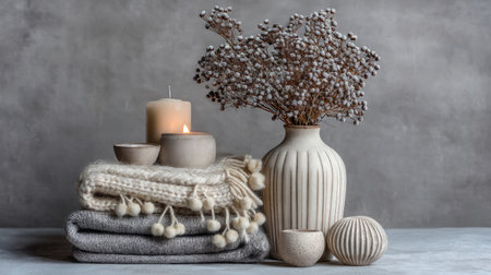 A serene still life featuring cozy textiles, soft candles, and delicate dried flowers. This arrangement creates a warm and inviting atmosphere perfect for any home space.の素材
