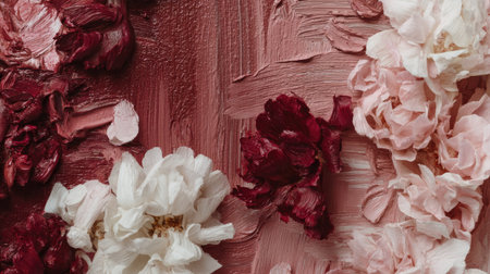 A captivating floral arrangement featuring delicate petals in soft hues of red and pink, set against a textured artistic background, ideal for decor.の素材