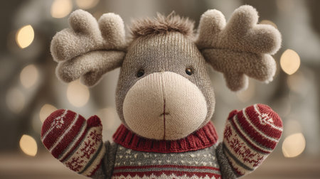 Adorable plush moose toy featuring a cozy knitted sweater and cheerful expression. Perfect for holiday decorations, playtime, or seasonal gifting.の素材