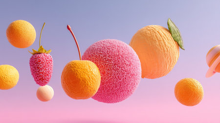 A whimsical composition of colorful fruit and candy orbs floating against a soft pastel background, evoking feelings of joy and creativity. Perfect for vibrant designs.の素材