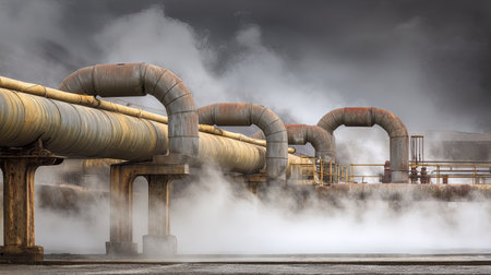 Dramatic scene showcasing industrial pipes releasing steam into the atmosphere. This image captures the essence of energy production and infrastructure in an industrial setting, emphasizing technology and environmental elements.の素材