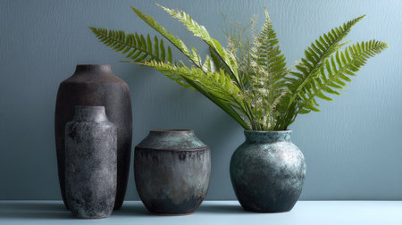 A beautiful setup featuring vases in various shapes and sizes with lush ferns, perfect for enhancing any interior space with a modern, elegant touch.の素材