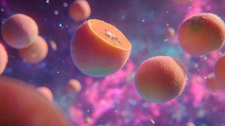 This stunning abstract image showcases vibrant spheres floating in a colorful background, creating a dynamic blend of modern design and biological imagery.の素材