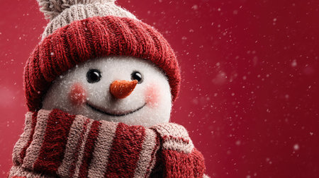 This delightful snowman radiates warmth with a smile, dressed in a cozy red scarf against a snowy backdrop, perfect for holiday decoration and cheer.の素材