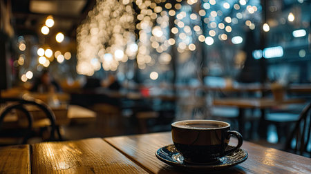 A beautifully arranged coffee cup on a rustic table captures the warm ambiance of a cafの素材