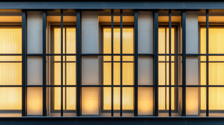 A detailed view of a modern building facade featuring illuminated vertical windows. The unique grid structure creates a visually appealing and contemporary atmosphere.の素材