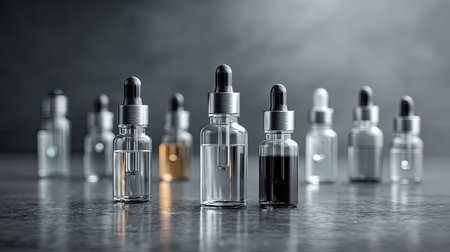 A stunning array of glass dropper bottles filled with various liquids, set against a dark background. Ideal for beauty and skincare product visuals.の素材