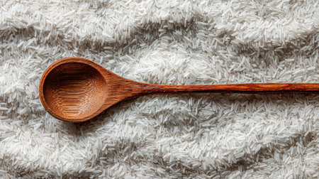 A beautiful wooden spoon rests on a textured background of white rice, capturing a serene culinary atmosphere, perfect for food photography or kitchen decor.の素材